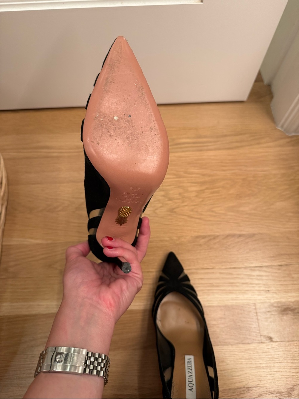 Aquazzura Black Suede and Sheer Mesh Pointed-Toe Stiletto Pumps - Picture 3 of 6